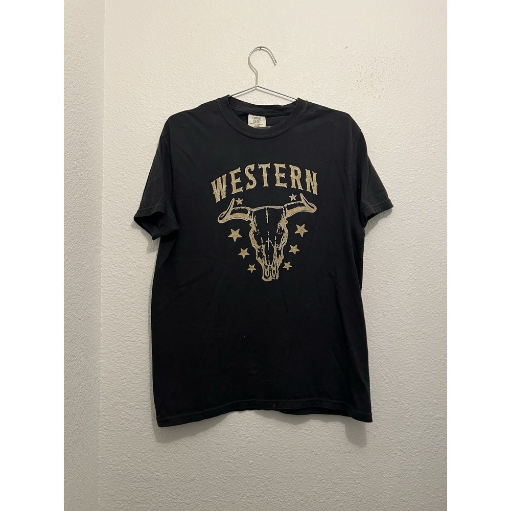 Comfort Colors T Shirt Mens Medium Black Western‎ Bull Skull Graphic Tee